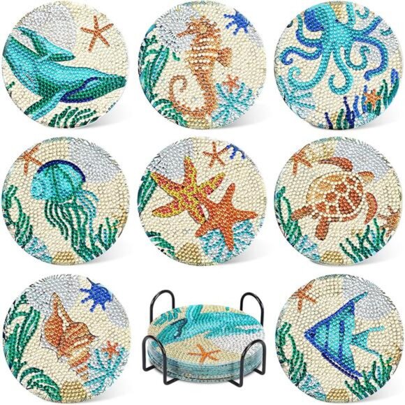 Ocean Diamond Art Painting Coaster Kit, 8Pcs DIY Crafts Kit with HolderNon Slip - Picture 1 of 7